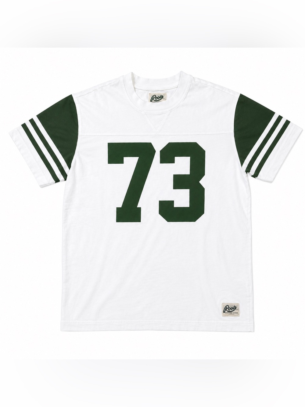 Vintage Roots 73 Varsity Football Tee White Forest Green Jersey Shirt Canadian